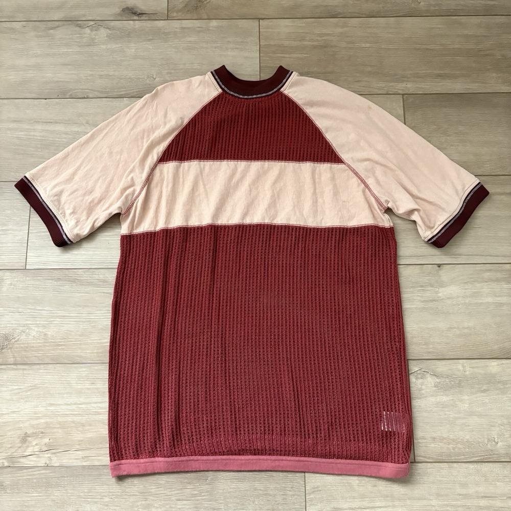 Silence + Noice Pink Red Open Knit Mesh Crewneck Tunic Top Short Sleeve Small